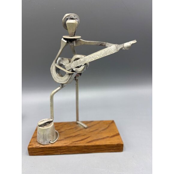 Vtg Hand Made Metal Guitarist Figurine Nuts Bolts Wood Base - Picture 1 of 5